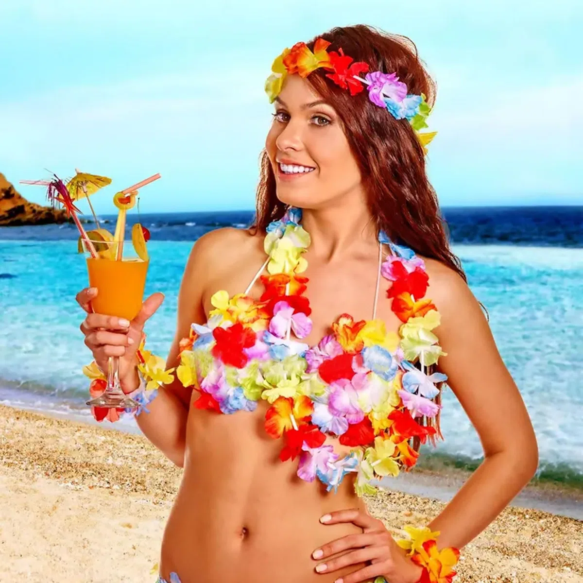 FUIPVGI Set di 9 pezzi con gonna hawaiana Leis Hula, ghirlande hawaiane, gonna hawaiana da donna, top bikini con fiori, per adulti, per travestimento estivo, spiaggia, notte, bar, feste tropicali