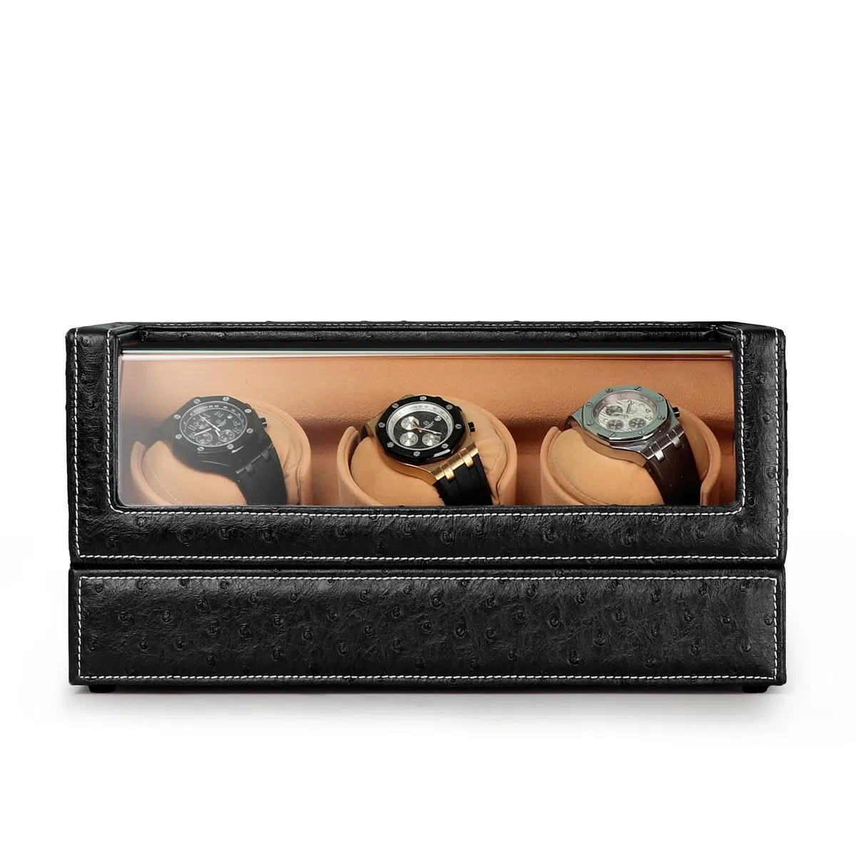 Caricatore automatico per orologi Rolex e altri orologi di lusso, carica automatica con motore silenzioso, esterno in pelle di struzzo nera di alta qualità e morbidi cuscini flessibili in