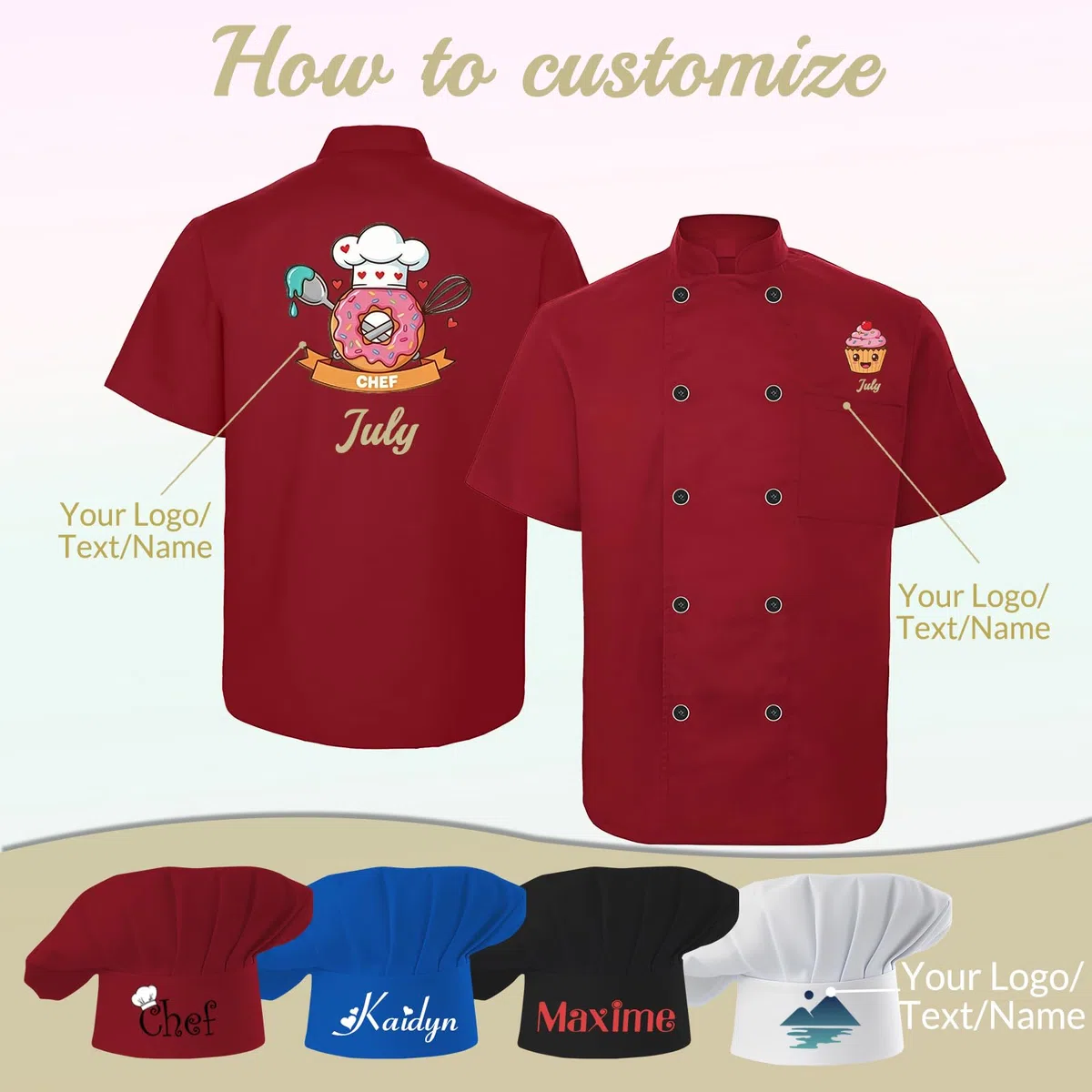 Giacca da Chef Personalizzata Uomo/Donna con Cappello, Logo e Nome – Divisa da Chef Personalizzata, Maniche Corte, Camicia da Lavoro per Pasticceri con Tasca