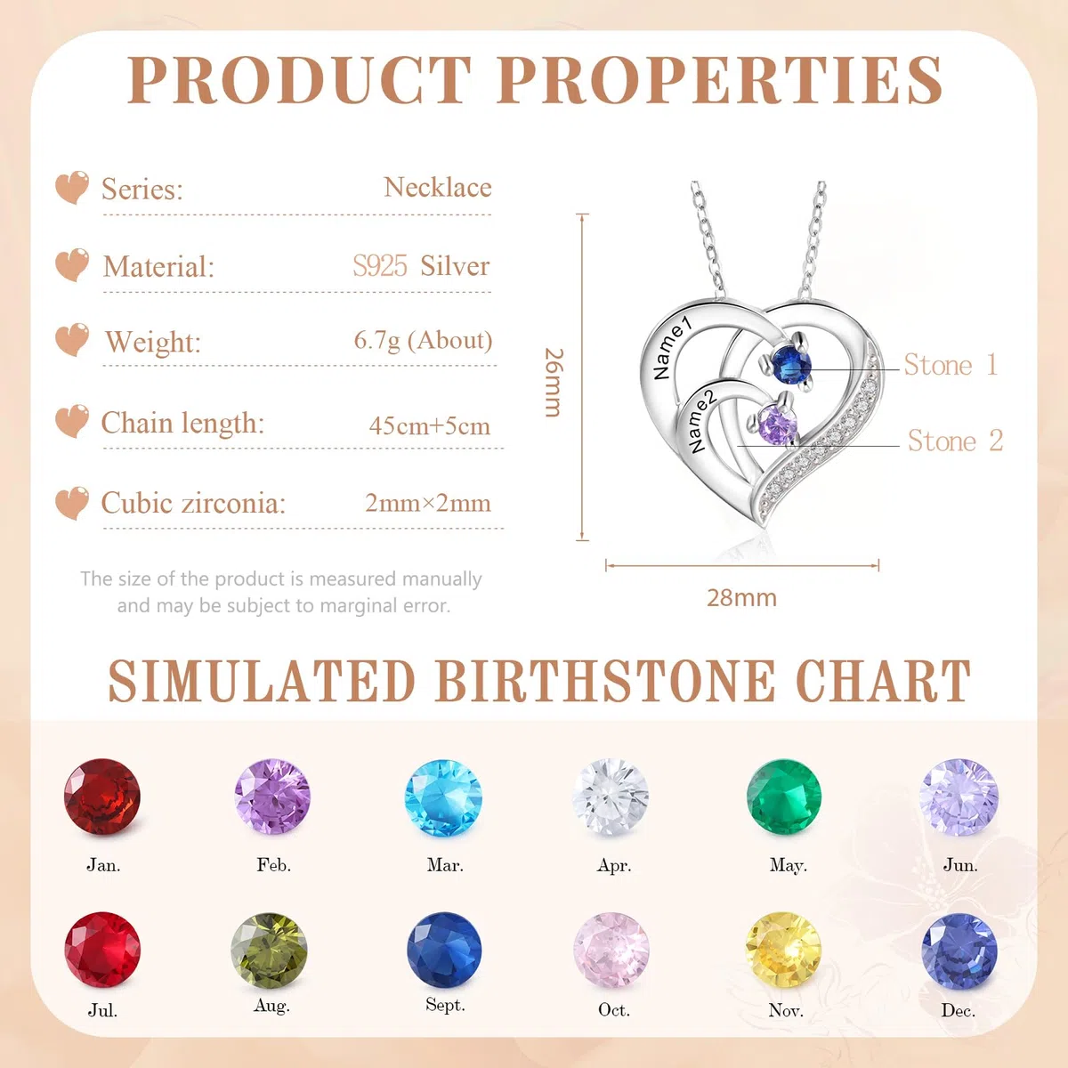 lorajewel Collana da Donna Personalizzata con Nome Pietra di nascita Collana per la Mamma Ciondolo a Cuore in Argento 925 Regalo per Festa della mamma Compleanno Natale