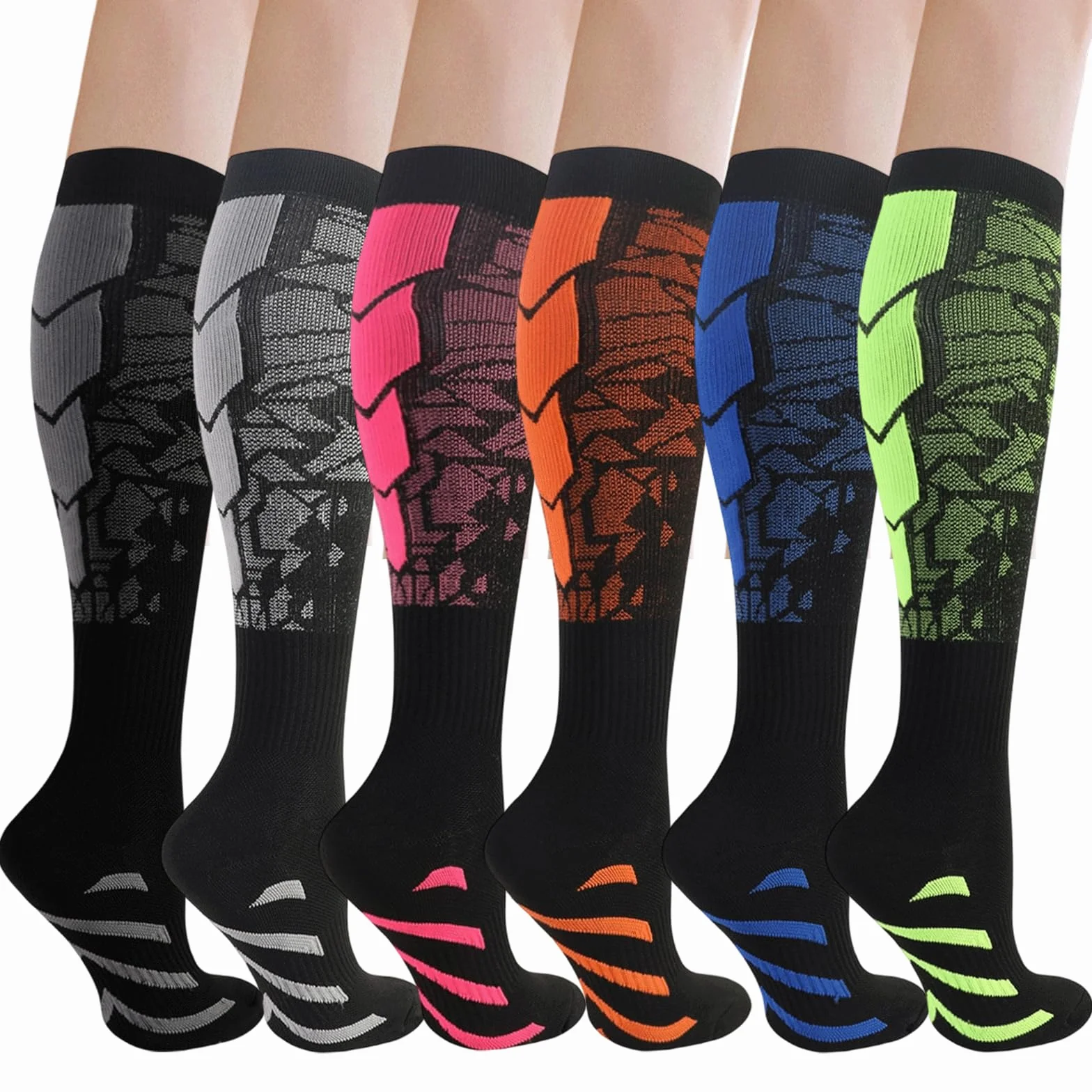 6 Paia Calze a Compressione Graduata Donna e Uomo, 18-25mmHg Calze Elastiche a Compressione, Calze al Ginocchio, supporto per la corsa sportiva Ciclismo Trekking