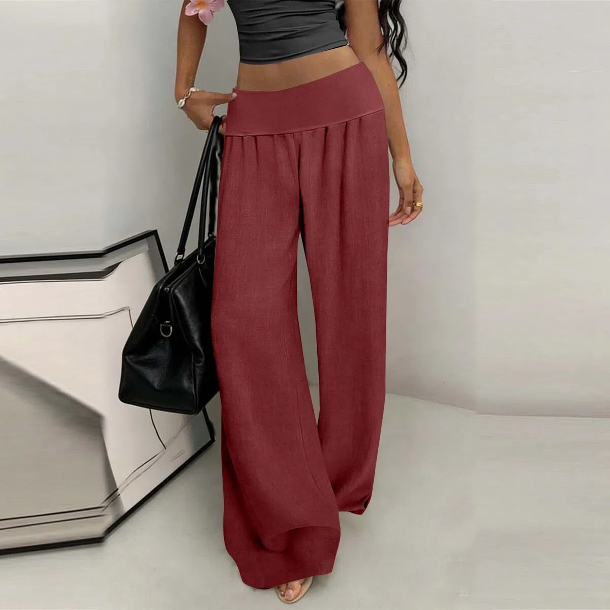 Pantaloni Donna Lino Larghi Pantalone Estivi Fluidi Vita Alta Pantalone Casual per Business Pantaloni con Tasca Gamba Larga Pants Comodi Elastico per Ufficio Pant Taglie Forti e Coulisse Regolabile