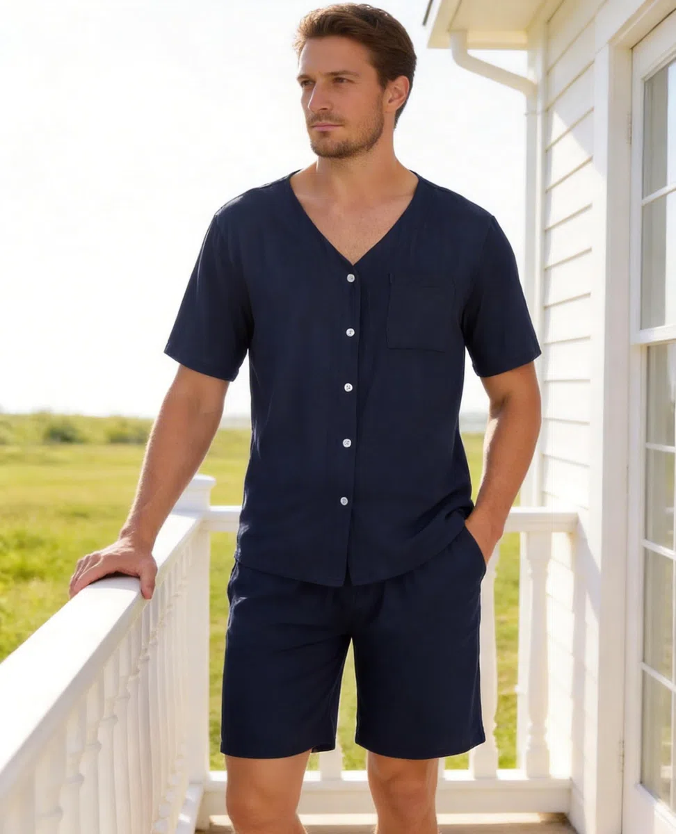 Wikoan Pigiama da Uomo Set Estivo a Due Pezzi Set Pigiama in Cotone Cardigan con Pantaloncini S-XXL