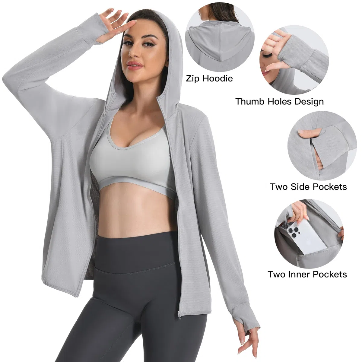 Felpa Donna con Zip e Cappuccio, Protezione Solare UV UPF50+, Manica Lunga Giacca Sportiva Leggera Sun Hoodie con Tasche