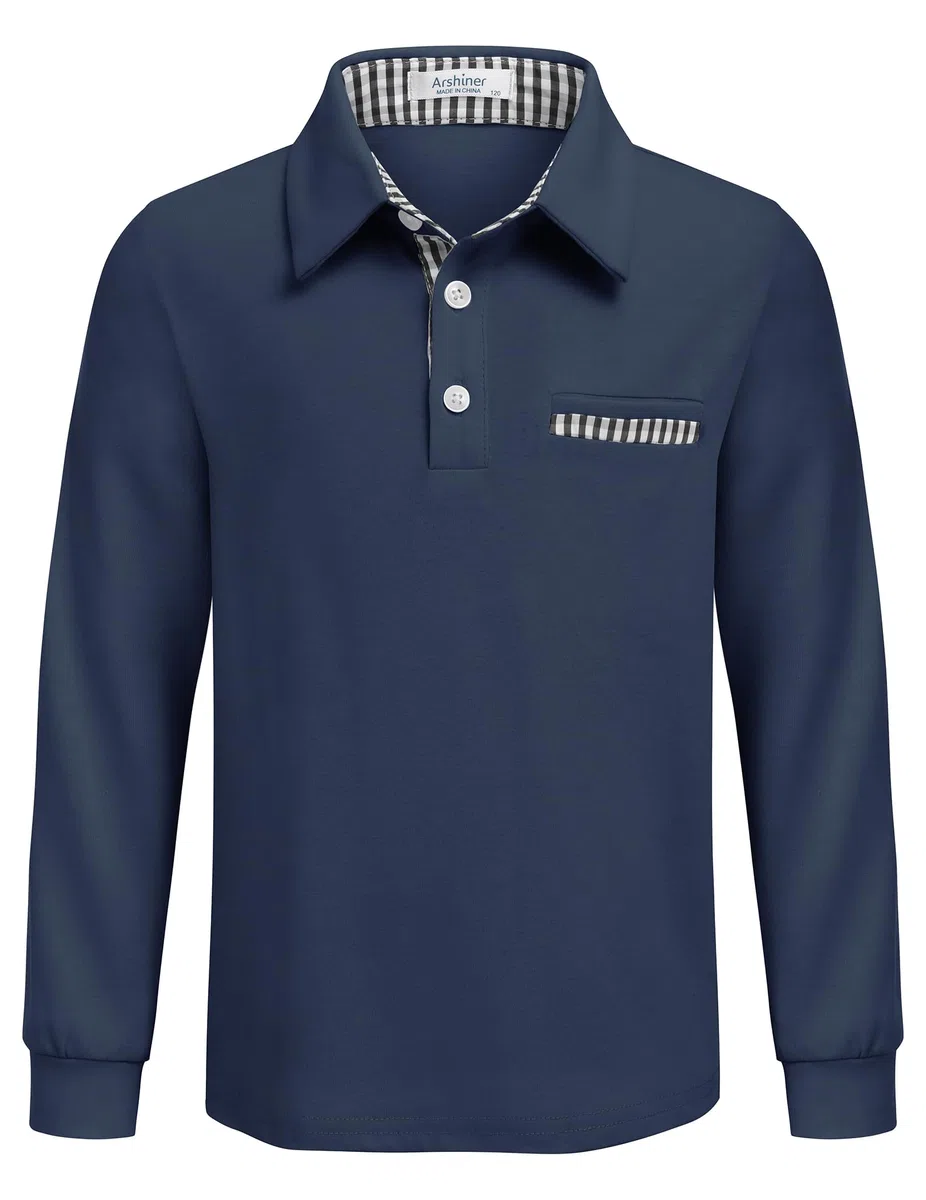 Arshiner Maglietta Polo a Maniche Lunghe per Bambino, Camicia Elasticizzata con Colletto con Dettaglio a Quadri e Taschino, Elegante e Morbida per Scuola e Autunno, 5–12 Anni