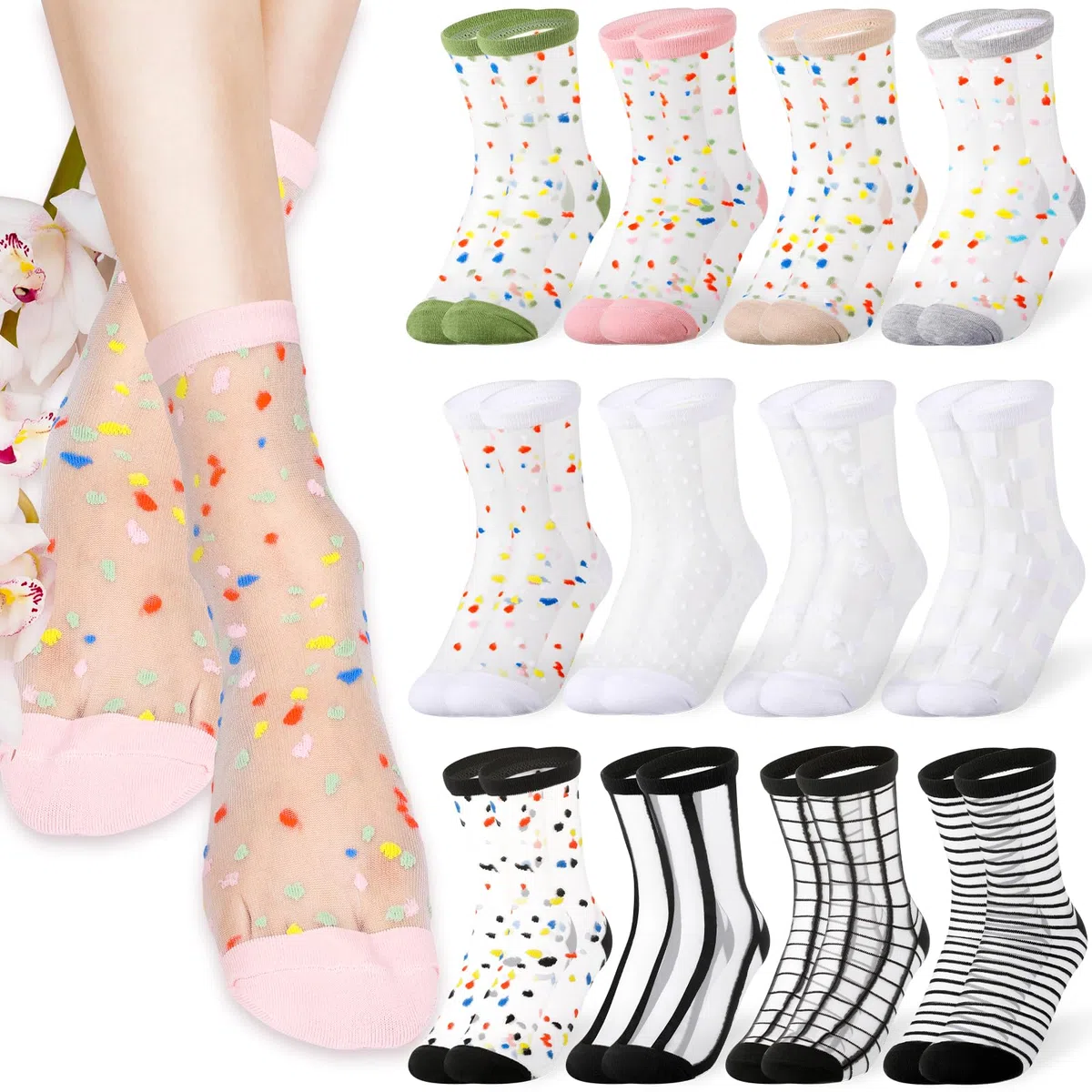 Neer 12 Paia Calzini Velati in Rete Calzini Trasparenti Estivi per Donna Calzini Sottili Colorati