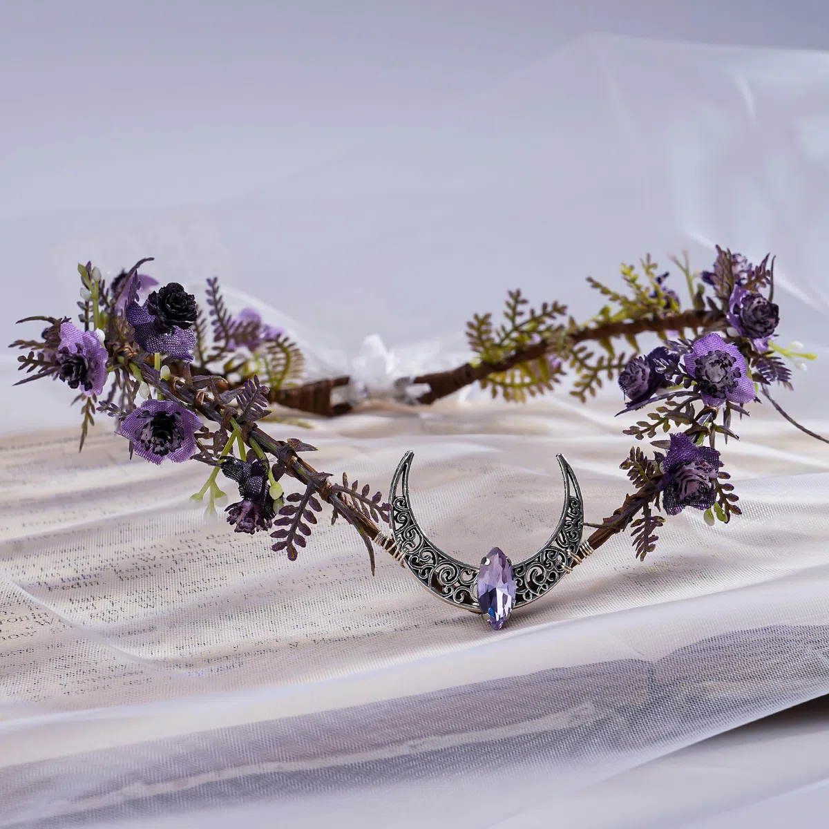MOSTORY Corona di elfo viola per donne, copricapo da elfo lunare per festival rinascimentali, corona floreale da elfo di bosco per cosplay e servizi fotografici