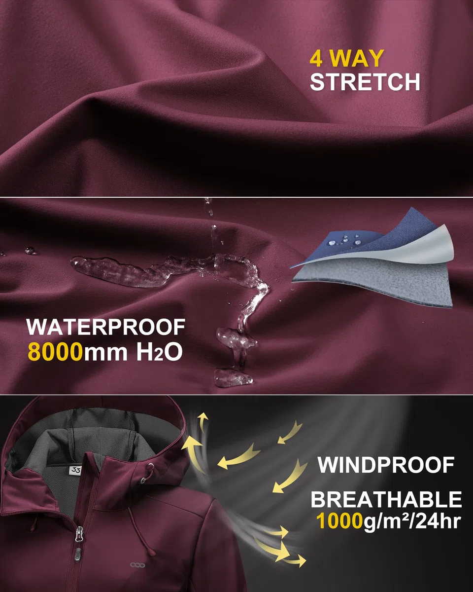 33,000ft Giacca softshell da donna, impermeabile, antivento, traspirante, da corsa, leggera, con cappuccio, per corsa, ciclismo, escursionismo, primavera, autunno