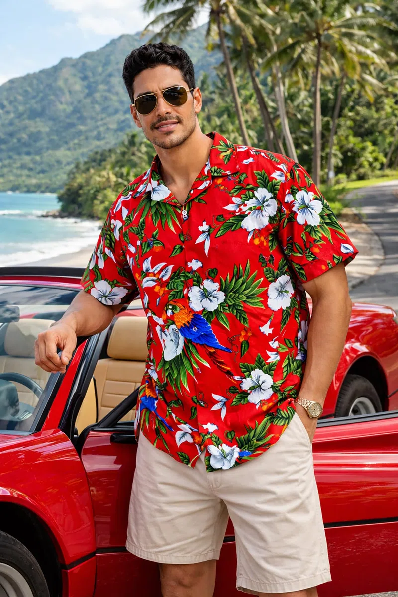 King Kameha Camicia Hawaiana Uomo a Maniche Corte con Stampa Pappagallo e Ciliegia