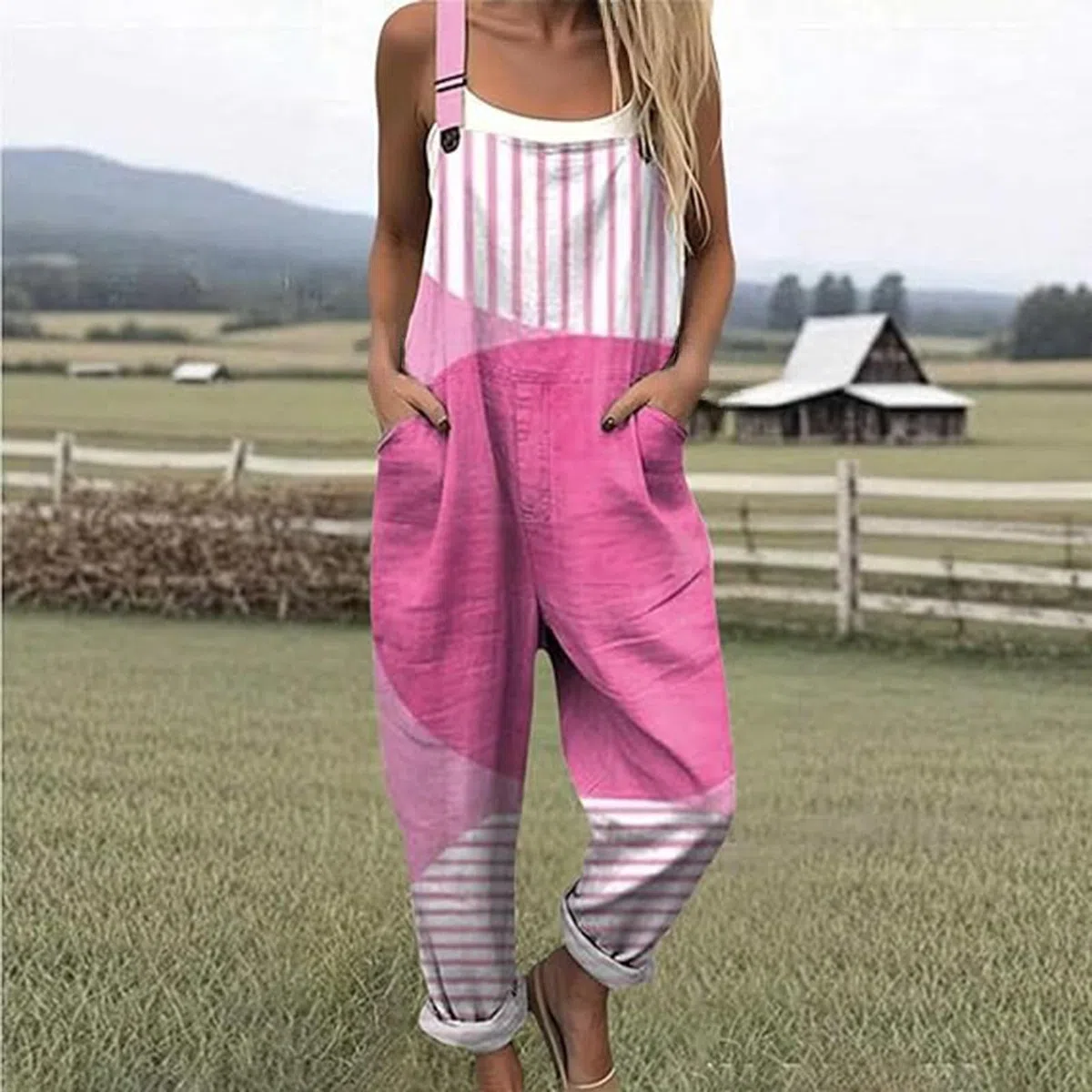 Generico Salopette Donna Estiva Lunga in Lino Elegante Tuta Intera Curvy con Stampa Boho Chic Jumpsuit Pantaloni Gamba Larga Senza Maniche Moda Baggy Cotone Taglie Forti Mare Vacanza Comoda S-5XL