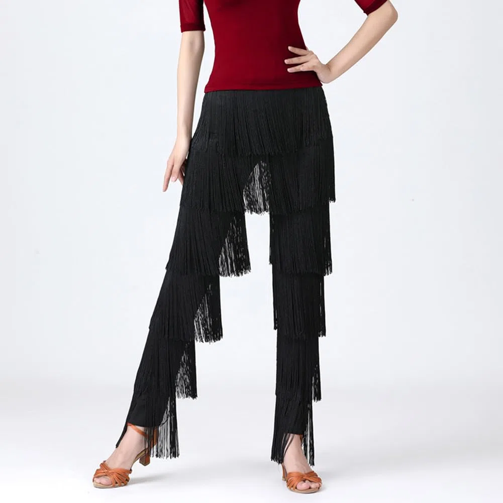 DAIHAN Donne Pantaloni da Sala da Ballo Professionali Latino Nappa Multistrato Pantaloni da Danza del Ventre con Frange per Allenamento Costume da Pratica