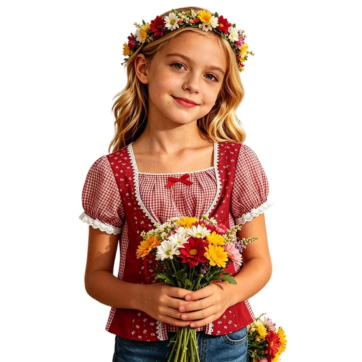 Generico Camicia Bambina A Quadri Stile Bavarese Oktoberfest Blusa Top con Volant Farfalla Brette Pizzo Maniche Corte Elegante Carina per Feste Uniforme Scolastica Uso Quotidiano