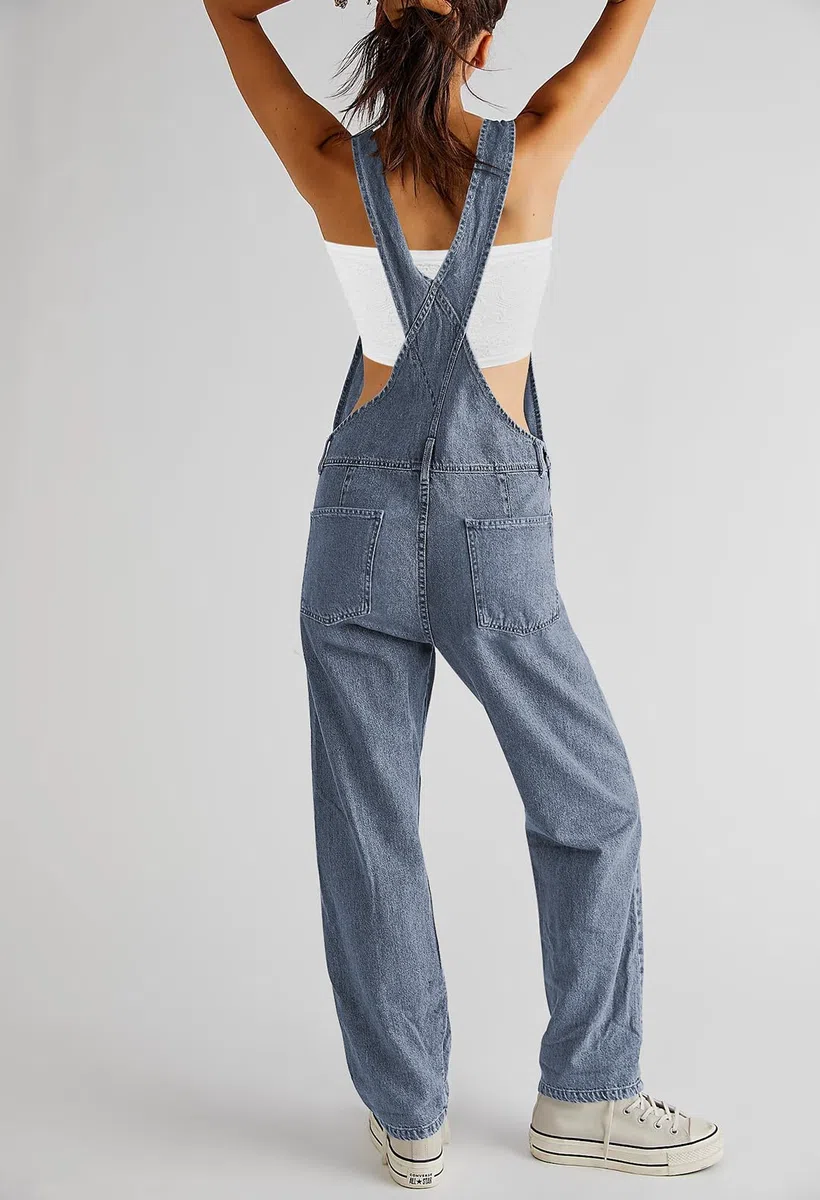 Sovoyontee Salopette da donna estiva, larga, in jeans, con bretelle