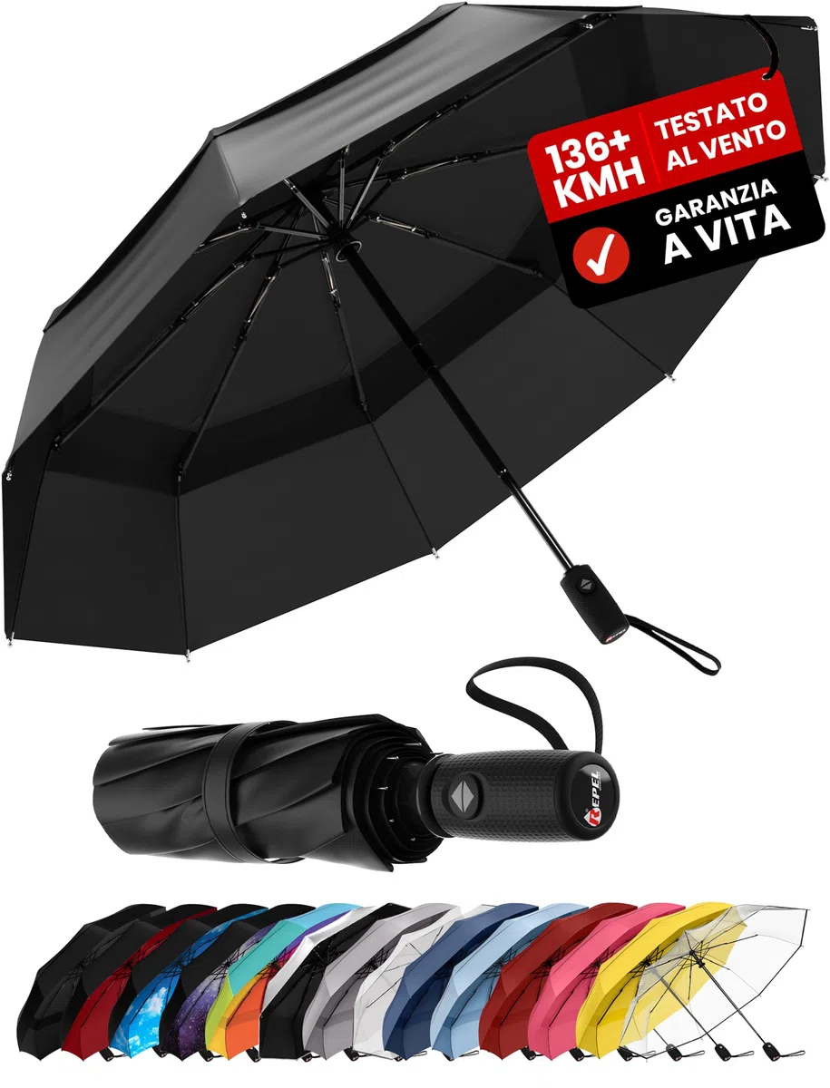 Repel Umbrella Ombrello Pieghevole AntiventoCompatto e Resistente – Apri e Chiudi Automatico - Struttura in Fibra di Vetro, Telo Impermeabile – Ombrello Portatile Perfetto per Zaino, Borsa e Viaggi