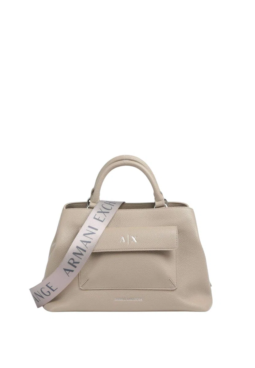 Armani Exchange Donna Nicole, Sustainable, Silver Logo, borsa per la spesa frontale, sabbia