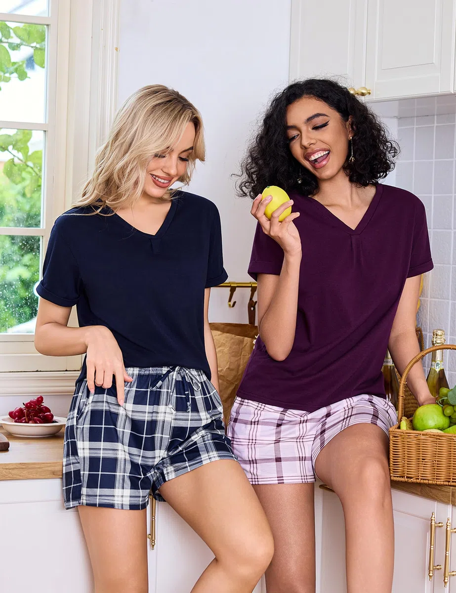 Pigiama Donna Estivo Pigiami da Donna Cotone Corto Set Due Pezzi Casual da Notte Casa con V Leggero e Morbido