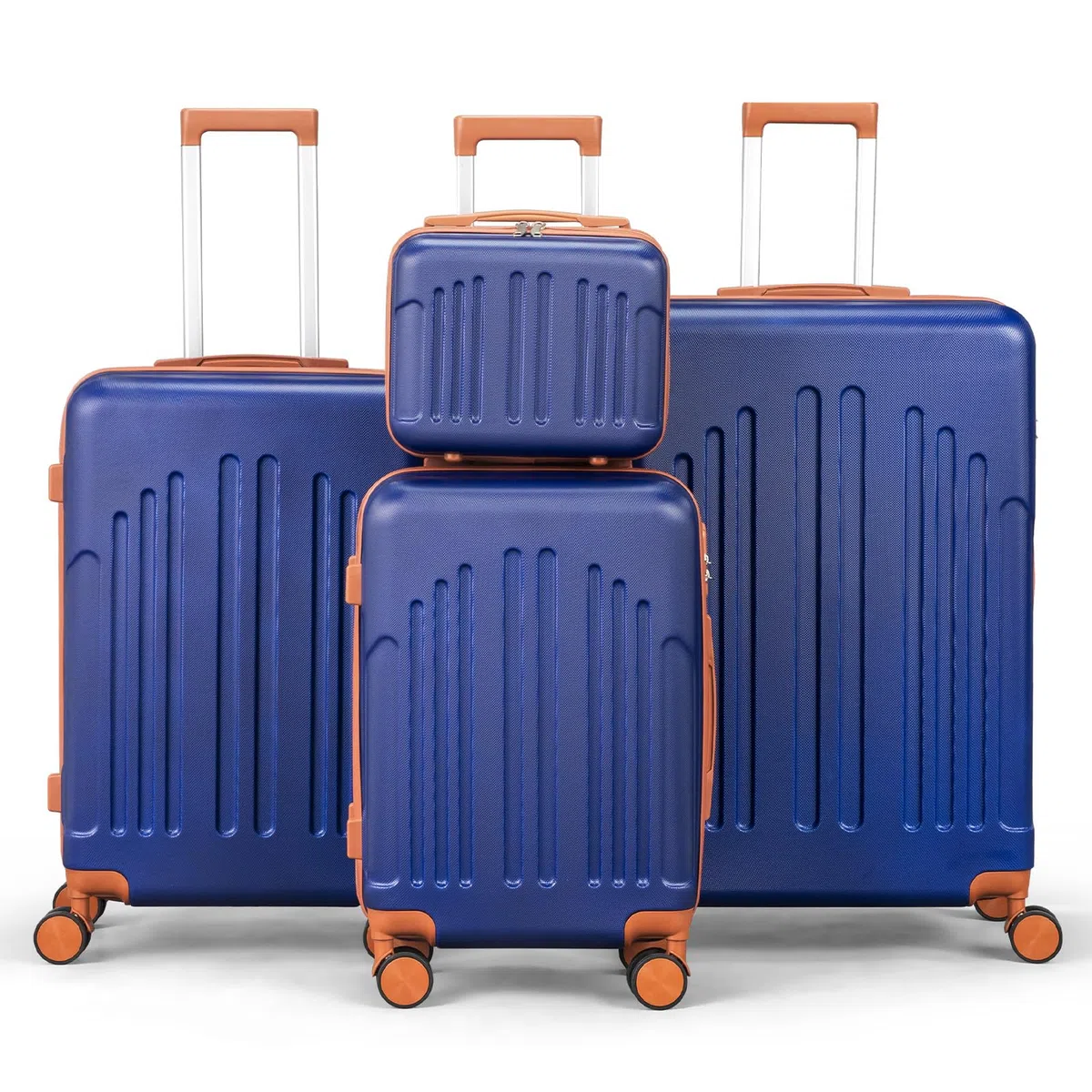 LEADZM Set di Valigie Rigide 4 Pezzi con Beauty Case, Set Valigie in ABS, Luggage Suitcase Grande 23 kg con 4 Ruote Girevoli Doppie (Blu Navy-Marrone)
