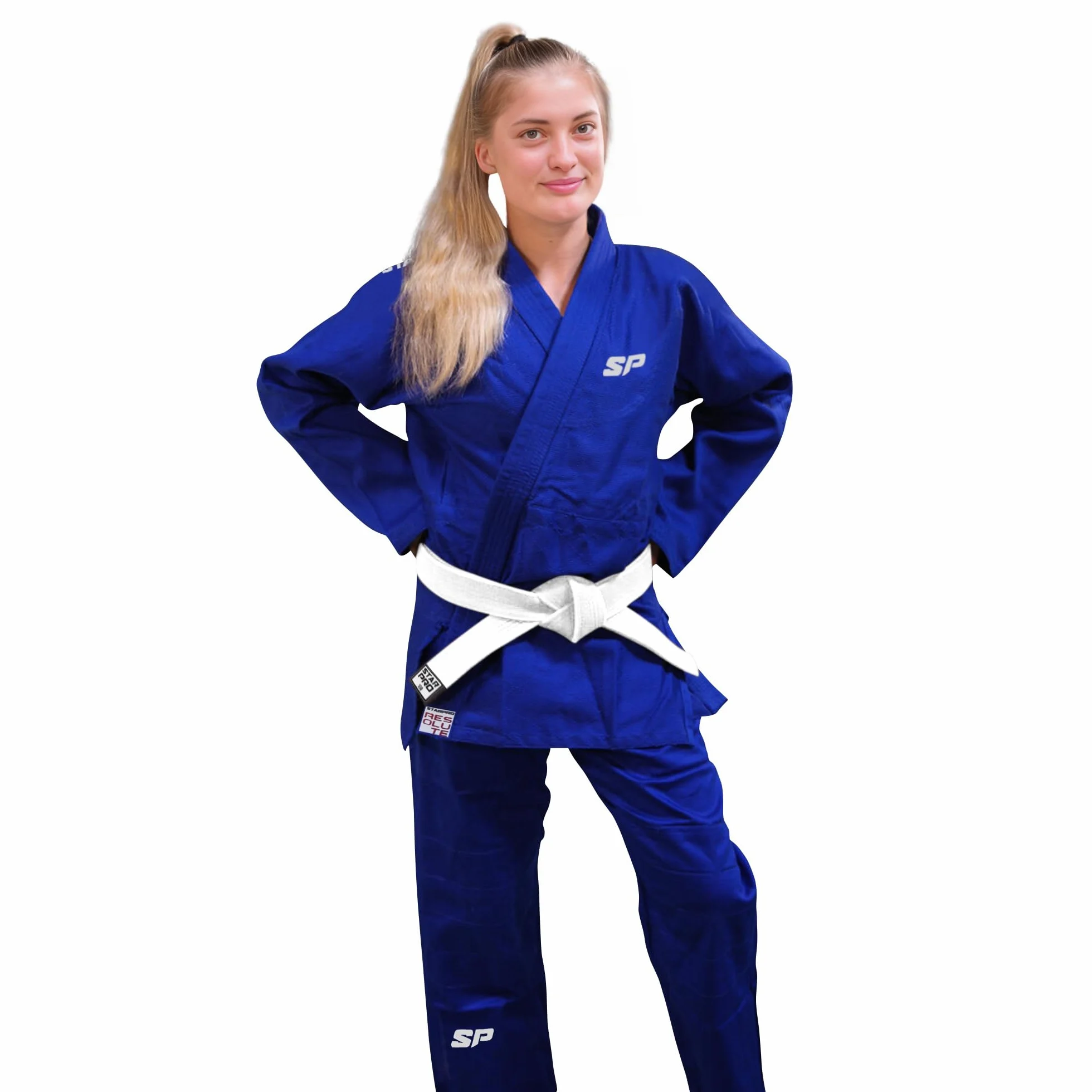 Starpro Kimono Judo GI 350 Grammi Com Miscela di Cotone Premium. Uniforme Professionale per Allenamento e Competizioni - Biano e Blu - Uomini, Donne e Bambini - 110-190 - Senza Cintura