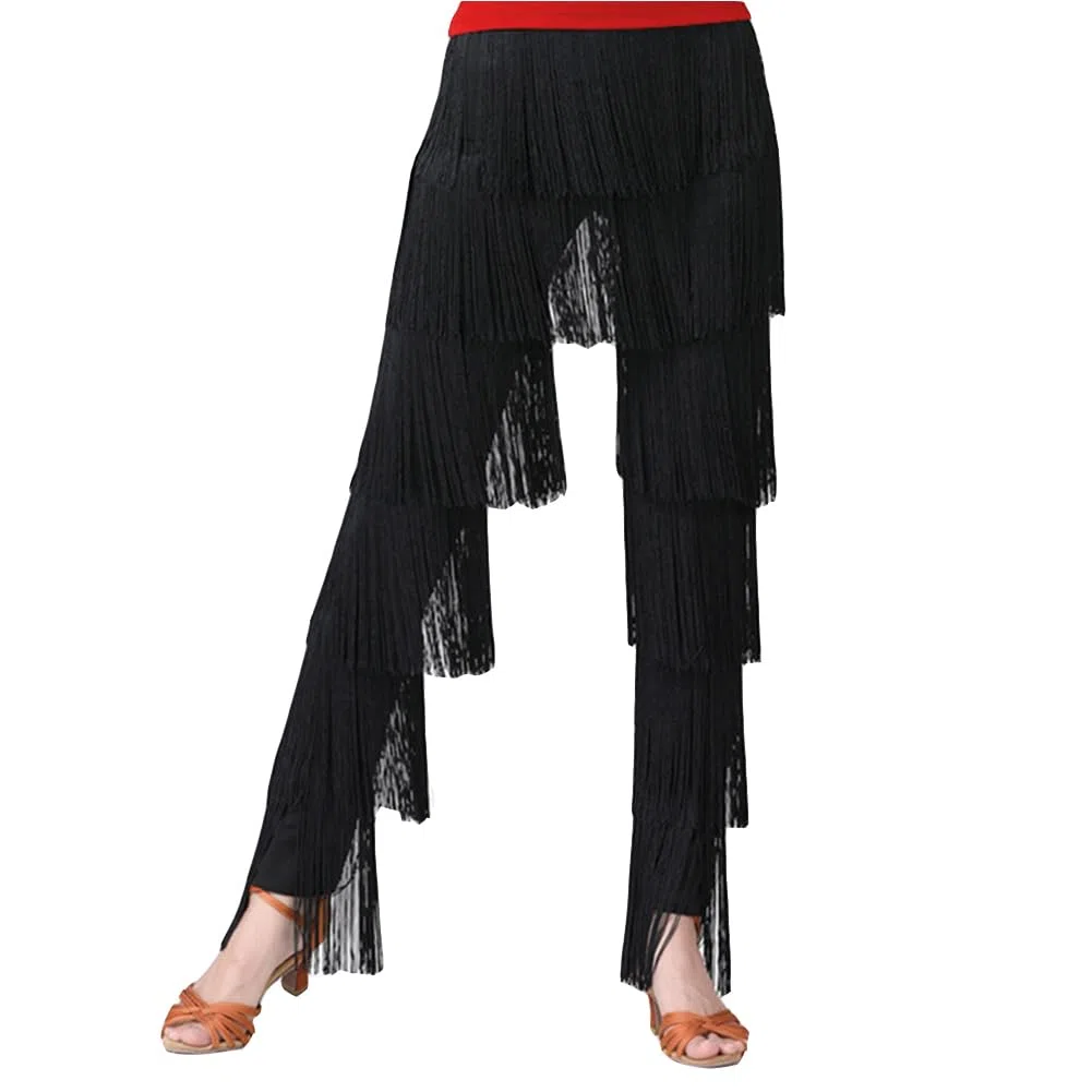 DAIHAN Donne Pantaloni da Sala da Ballo Professionali Latino Nappa Multistrato Pantaloni da Danza del Ventre con Frange per Allenamento Costume da Pratica