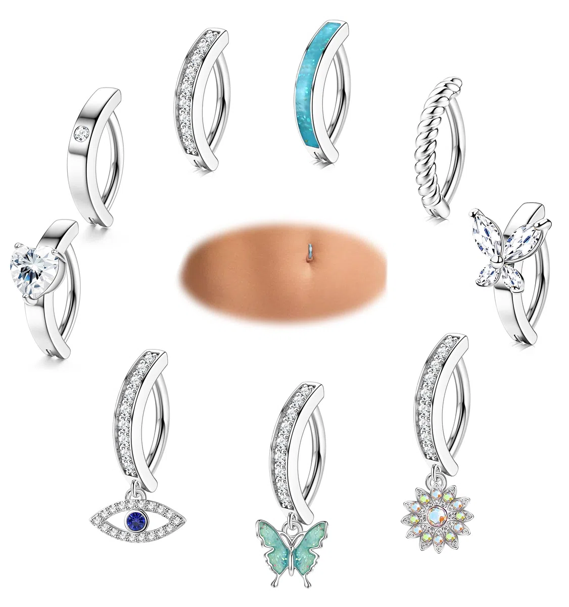 Finrezio 9 Pz 14G Clicker Anelli Ombelico Acciaio Chirurgico Pancia Bar per Donna Clicker Piercing Ombelico Curvo Ombelico Piercing CZ Farfalla Anello Pancia Piercing Gioielli
