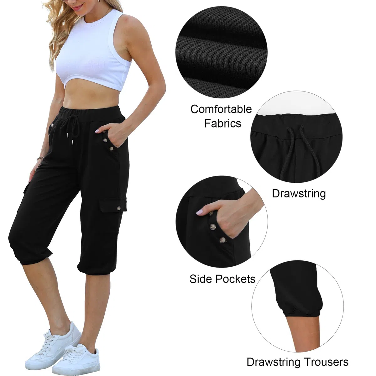 heekpek Pantaloni Capri Donna Estivi 3/4 Pantaloni Jogging Sportivi Donna Casual Sciolto 3/4 Pantaloni Sportivi con Bottone Tasche e Coulisse Elastica in Vita