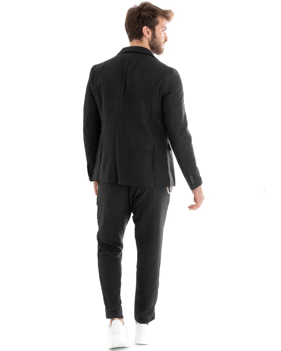 Outfit Uomo Abito Completo Lino Giacca Monopetto Pantalone Classico Tinta Unita Taschino a Pochette