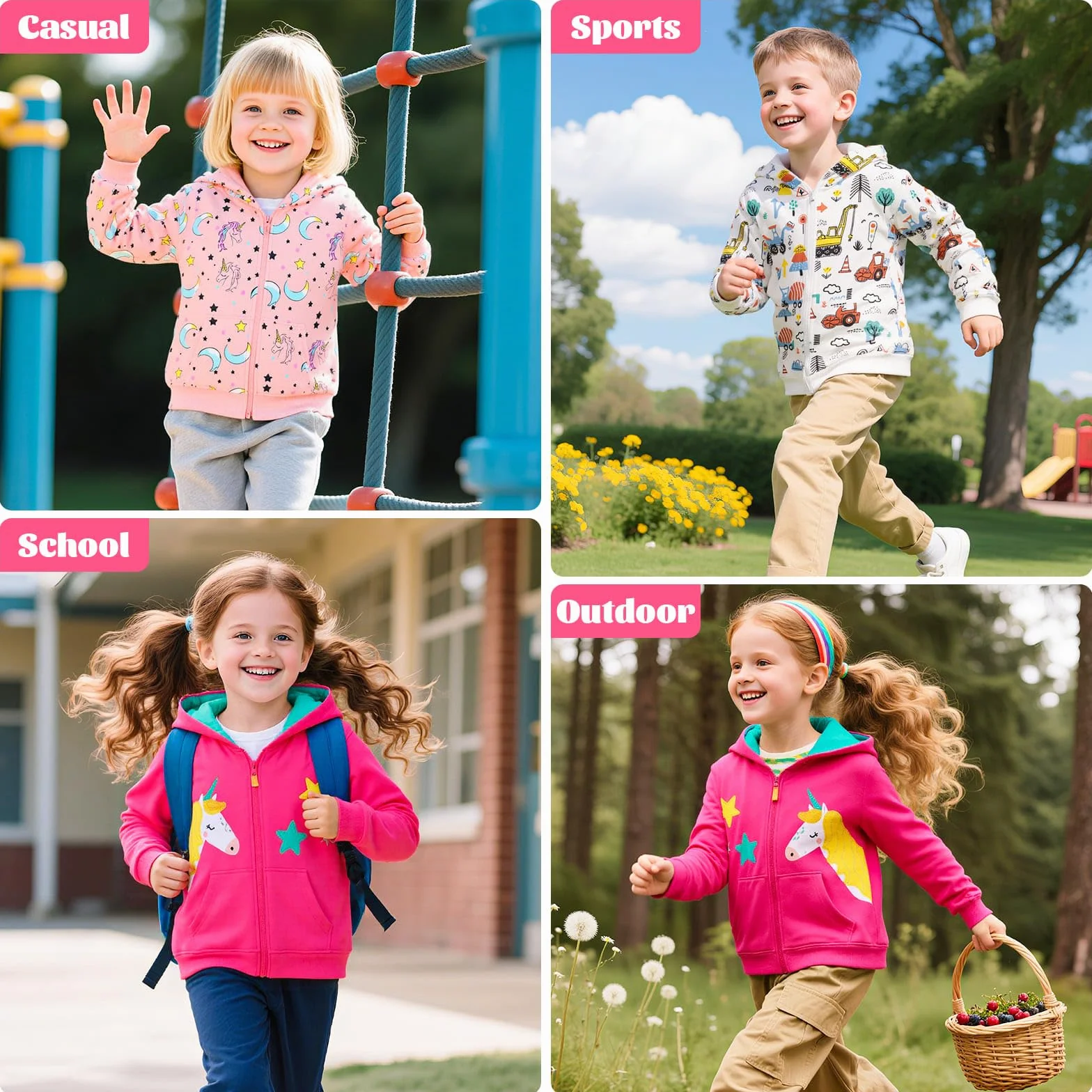 Felpa con Cappuccio con Zip Bambina Bambino, Cotone Giacca a Maniche Lunghe con Tasche, Unicorno Trattore Hoodie Primavera Autunno Casual Scuola Vestiti Top per Bambini 3-8 Anni