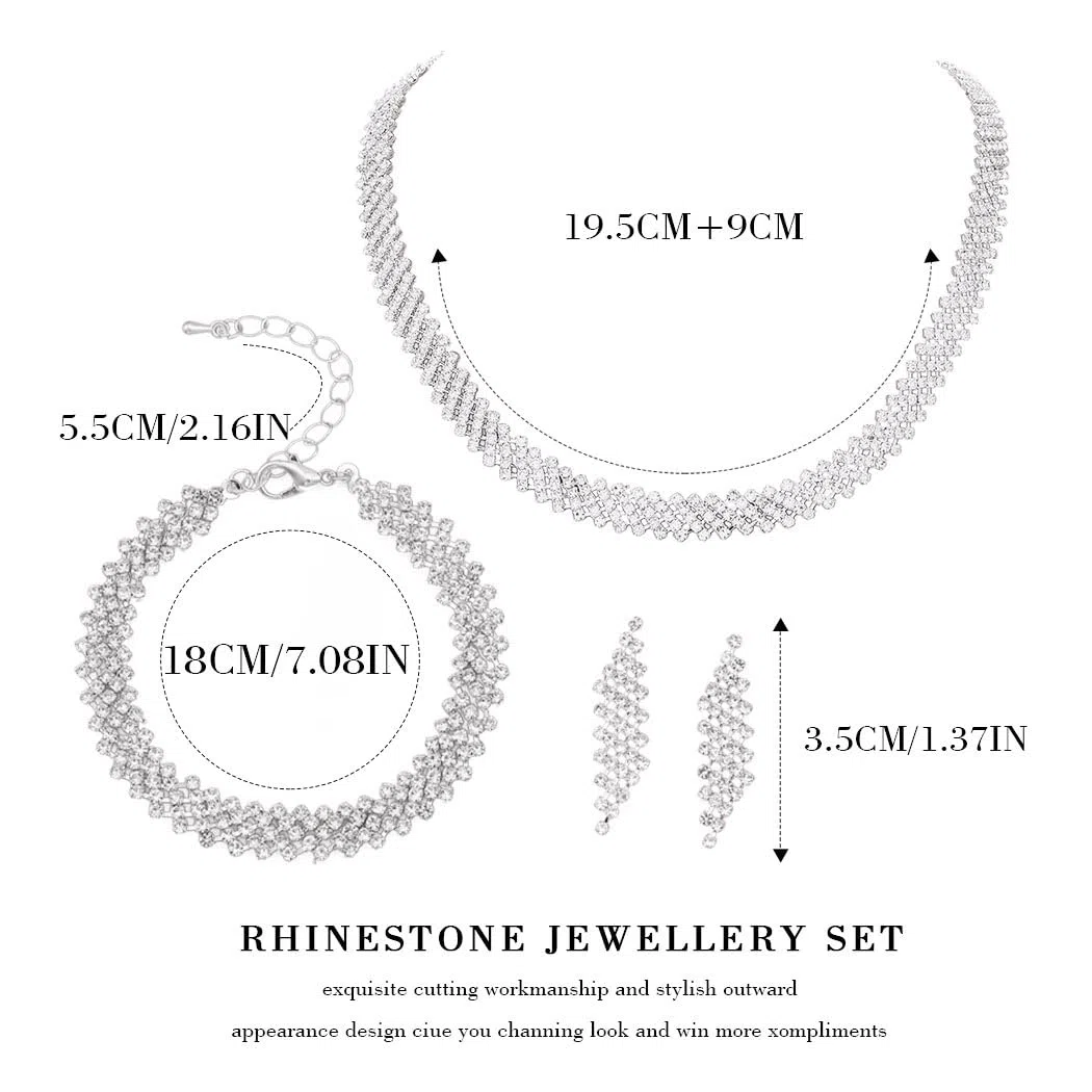 Set di gioielli da sposa in argento con strass, collana, bracciale, orecchini con cristalli scintillanti, adatti per l'anniversario di matrimonio per donne e ragazze