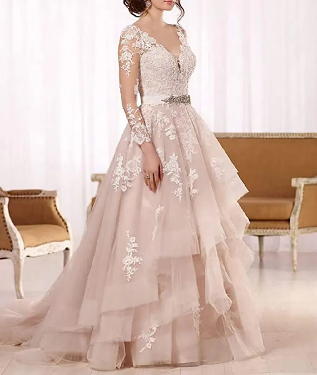 Abito da sposa da donna con pizzo, lungo, bohémien, spiaggia, con fessura, elegante linea ad A, abito da sposa