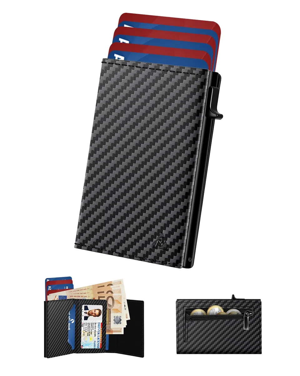 Portafoglio Uomo Slim, Porta Carte di Credito Uomo Piccolo con Chiusura Magnetica & Finestra ID & Protezione RFID, Portacarte in Pelle pop-up per 11 carte, Porta Tessere con Portamonete e Banconote