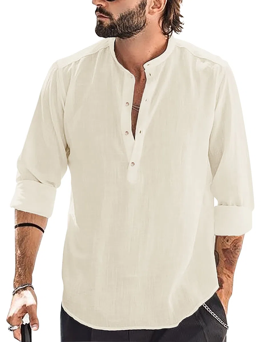 Runcati Camicia da uomo in cotone e lino, a maniche lunghe, con colletto alto, da spiaggia, elegante