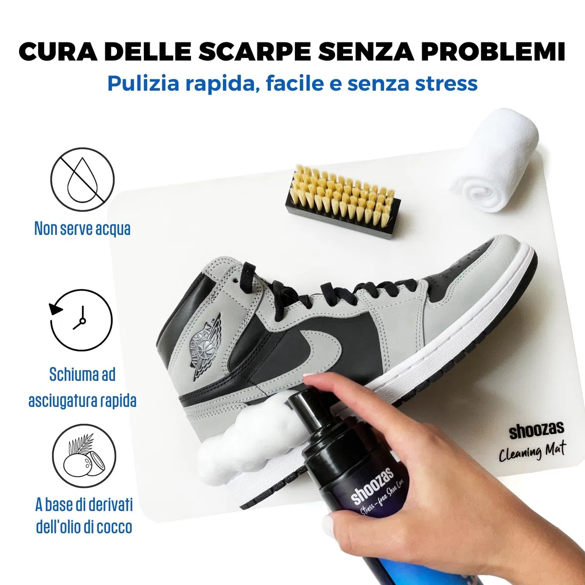 Shoozas - Kit di Pulizia Sneakers - Detergente in Schiuma, Tappetino Impermeabile, Spazzola e Asciugamano in Microfibra - Ideale per Pelle, Gomma, Plastica e Suole - Senza Acqua, Senza Tossici