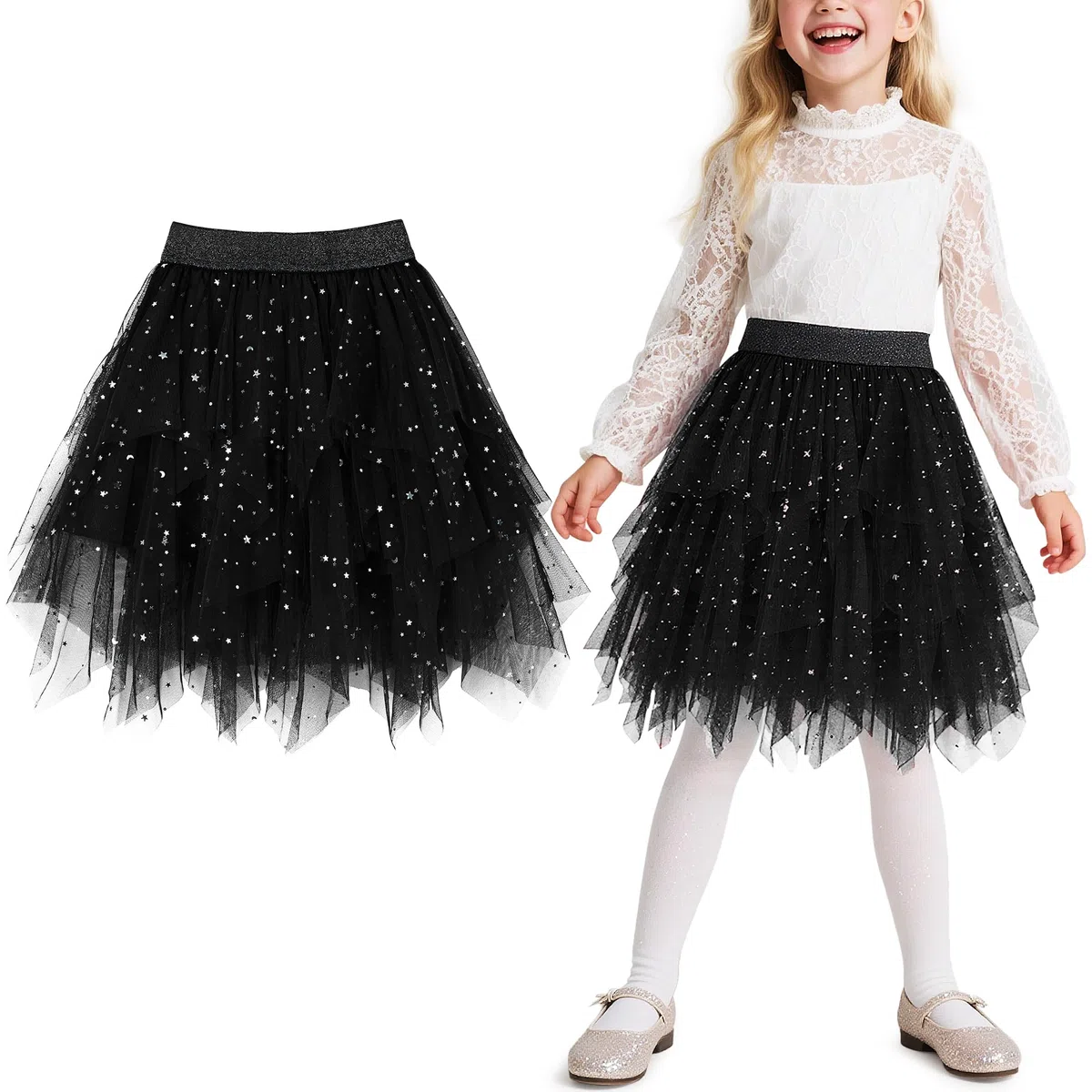 Gonna Tulle Tutu Irregolare 3 Strati Costume tutù con Vita Elastica Plissettato A-Line Midi Balletto Danza Principessa per Halloween Carnevale Performance Party Bambini 5-12 Anni