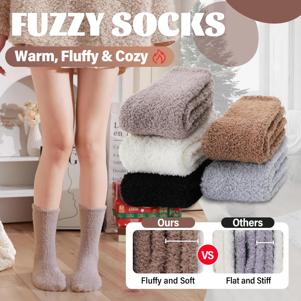 ANTSANG 5 Paia Calzini Fuzzy per Donna Uomo Pantofole Accoglienti Morbide Caldi Invernali Spessi Peluche Calzini Crew