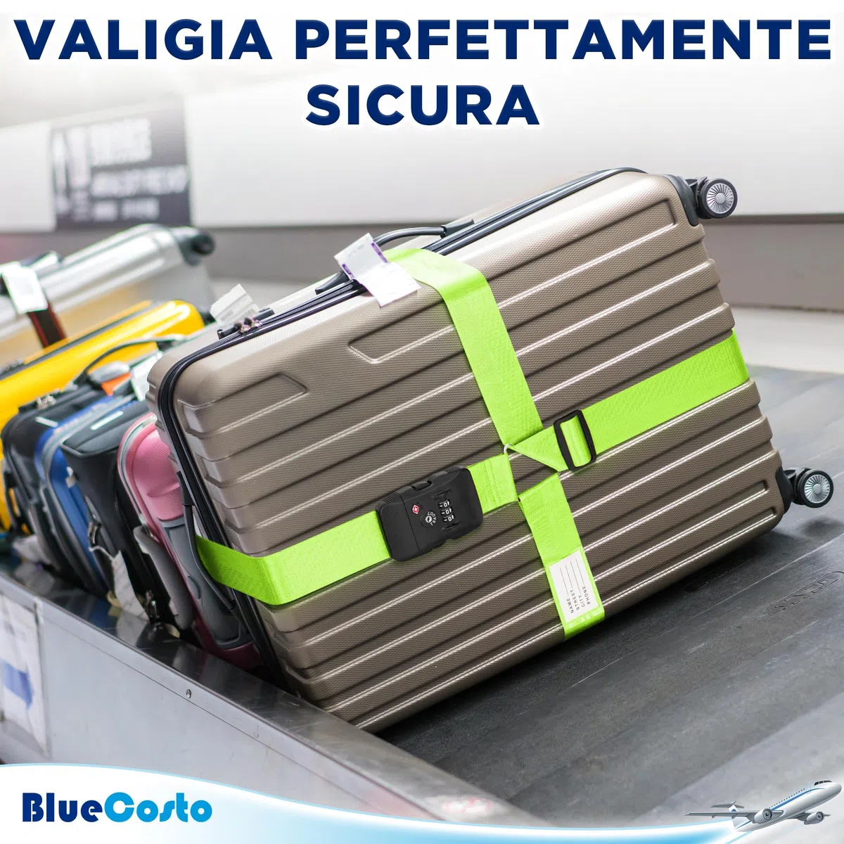 BlueCosto - Cinghia per Bagagli con Lucchetto TSA - Regolabile da 2,2 a 4 m, Verde Neon - Cintura di Sicurezza per Valigia Approvata TSA con Serratura a Combinazione a 3 Cifre
