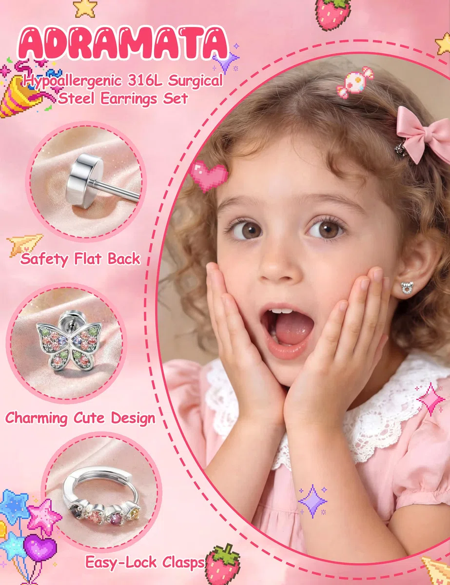 Adramata 10 Paia Orecchini Bambina Anallergici Set Orecchini Acciaio Inossidabile Piccoli Orecchino a Cerchio Argento/Oro 14K Orecchino a Bottone Fiori Farfalla Zirconi
