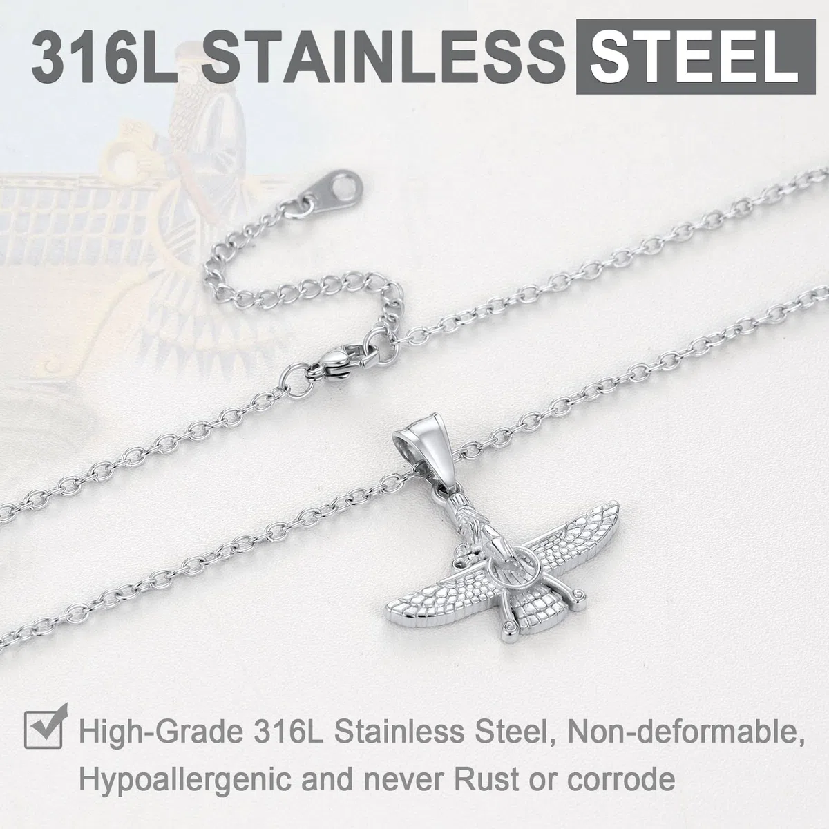 U7 Collana Pendente Faravahar Iraniano Cindolo + Catena di Grano Lunghezza Regolabile Larghezza 3 MM Sottile Acciaio Placcata Oro 18K con Confezione Religioso Collana Uomo Argento Nero Oro