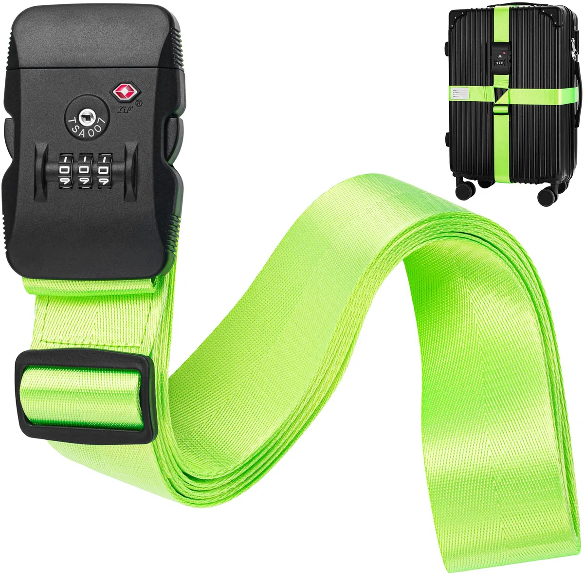 BlueCosto - Cinghia per Bagagli con Lucchetto TSA - Regolabile da 2,2 a 4 m, Verde Neon - Cintura di Sicurezza per Valigia Approvata TSA con Serratura a Combinazione a 3 Cifre