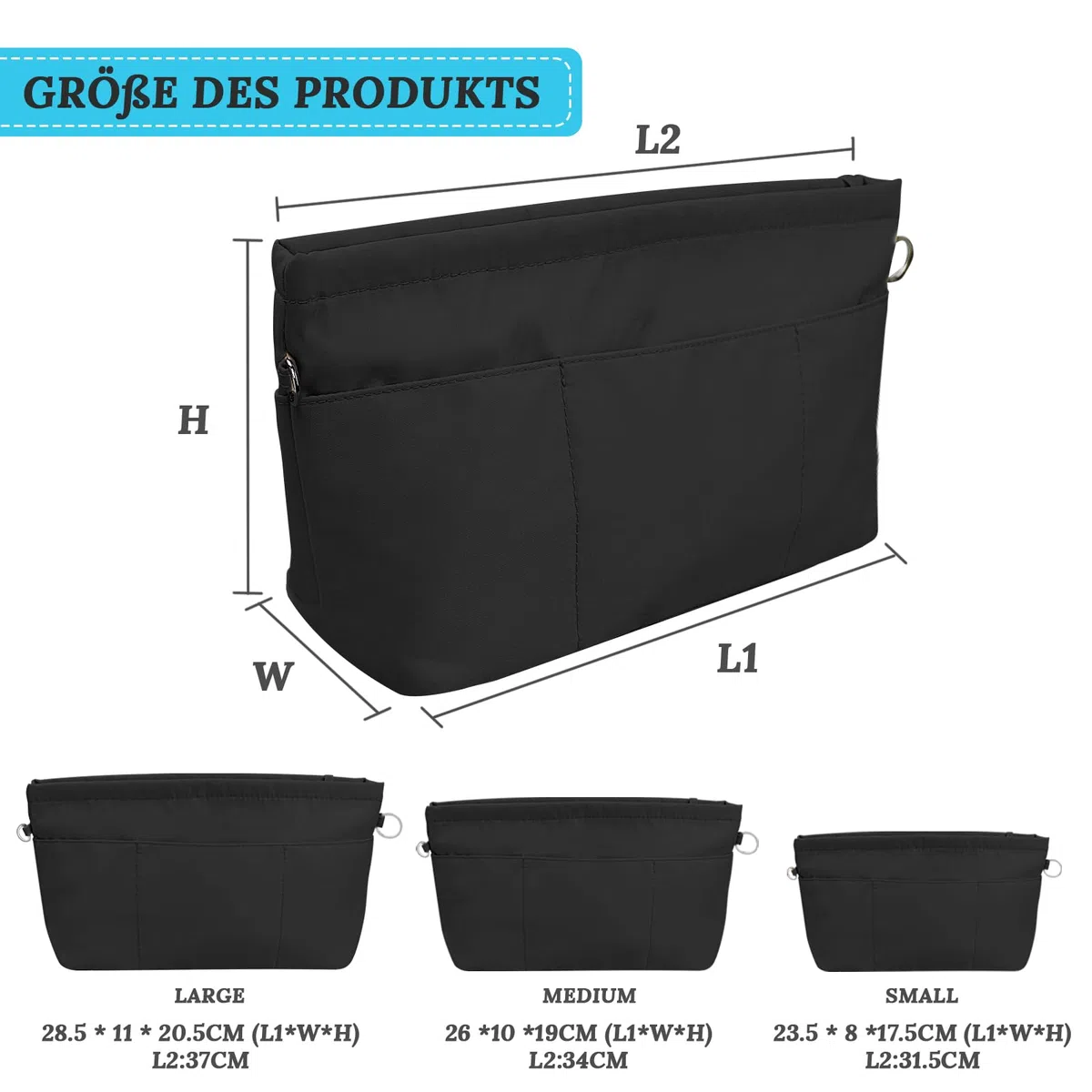Grantop Organizer per Borse in Nylon e Feltro Con Portachiavi - Tasche Interne Con Catena (Nero M)