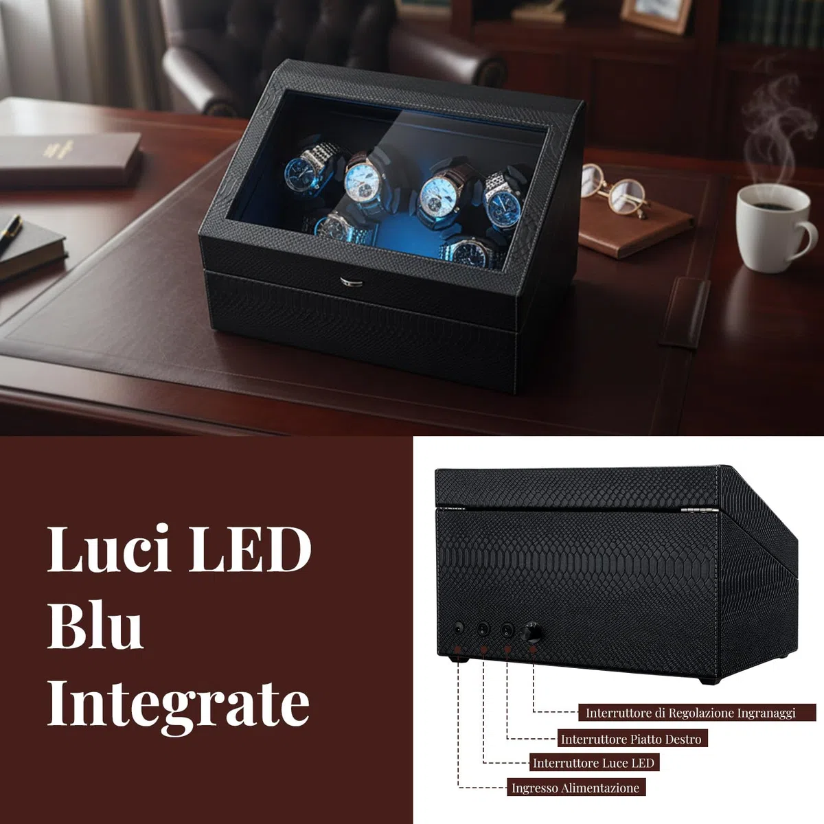 Mcbazel Carica Orologi Automatico Ultra Silenzioso con Luce LED, Scatola di Conservazione di Lusso per 6 Orologi con 5 Modalità di Rotazione e 6 Posizioni di Conservazione Aggiuntive