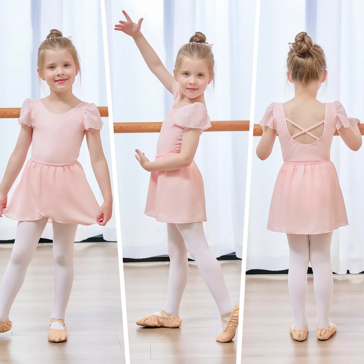 Bezioner Body Danza Classica Bambina con Gonna Rimovibile Vestito da Balletto Gonnellino Danza Manica a Sbuffo