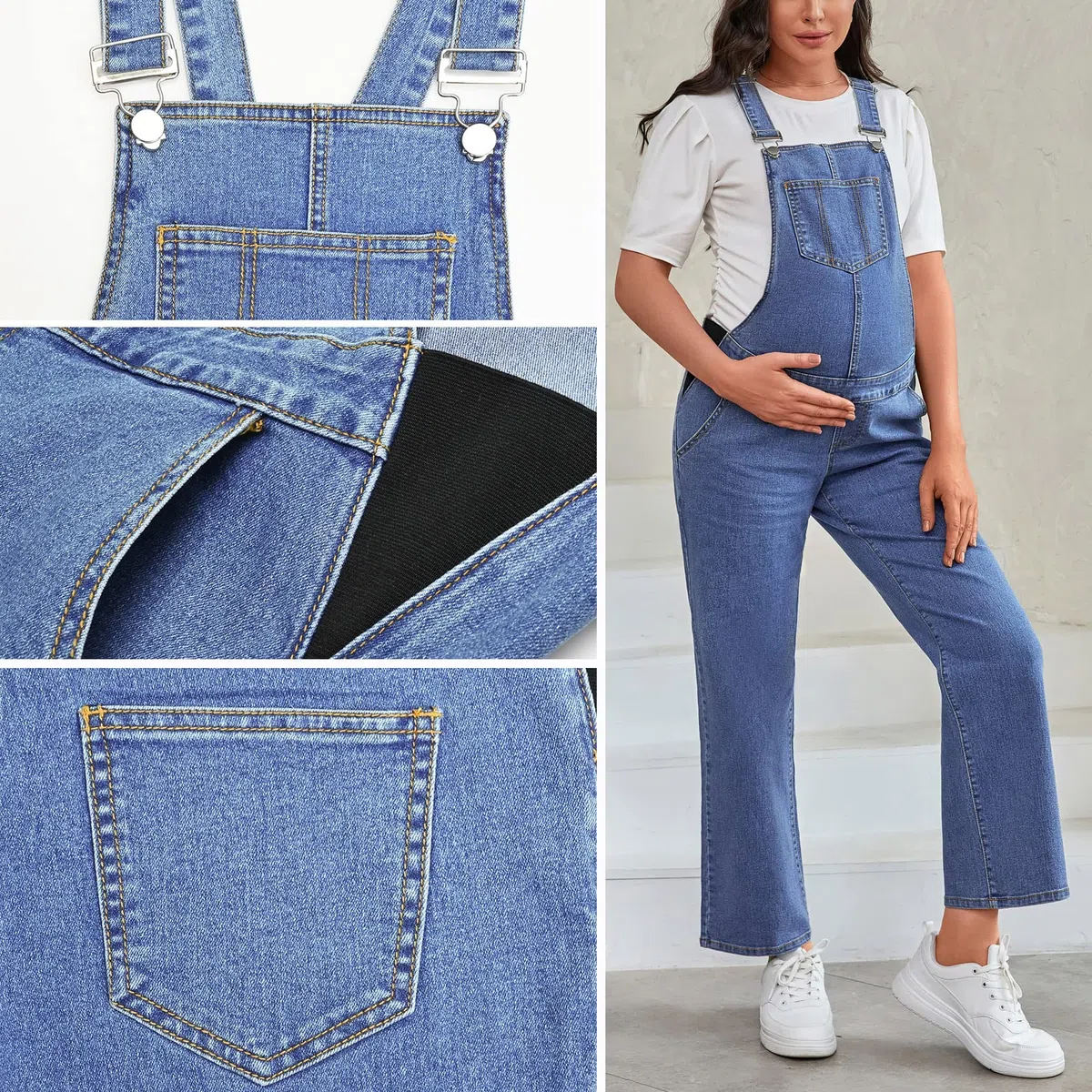 Salopette premaman con bretelle gamba dritta lunghezza alla caviglia tuta in denim premaman per donna incinta