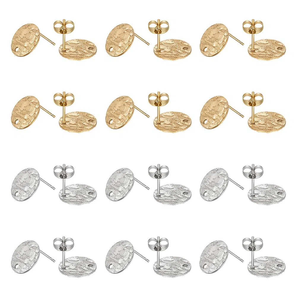 UNICRAFTALE 60 pezzi 2 colori 304 orecchini in acciaio inox con chiusura 'orecchino', ipoallergenici, fai da te, strutturati, piatti, rotondi, grezzi, accessori per la creazione di gioielli