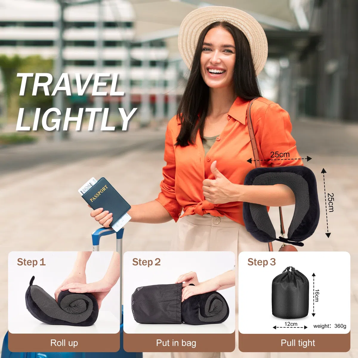 Cuscino da Viaggio Memory Foam, Cuscino Aereo Collo Regolabile e Portatile, Cuscino Cervicale da Viaggio, Federa lavabile, Schiena Piatta, Accessori Viaggio Aereo, Nero