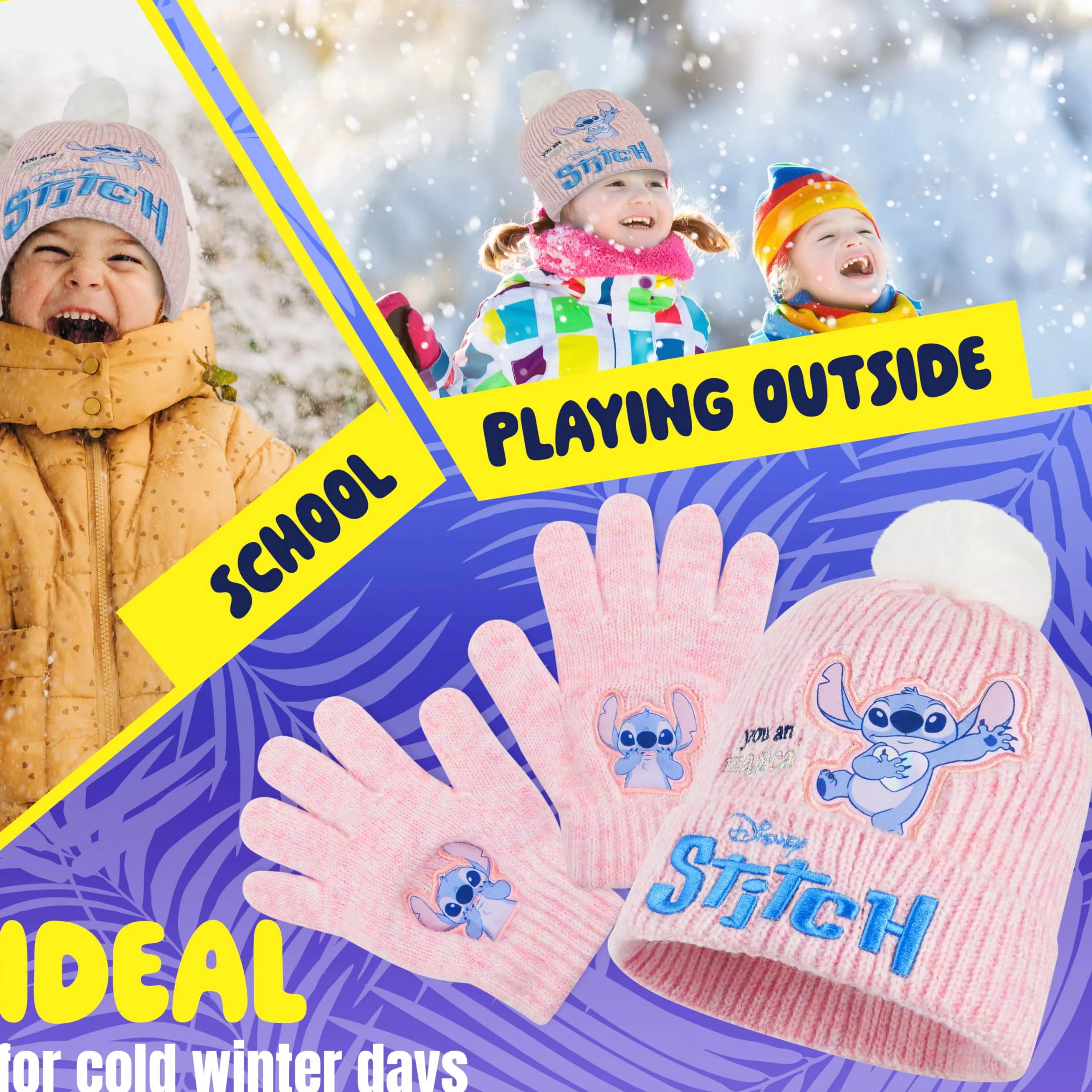 Disney Stitch Accessori Invernali Bambina Adolescenti, 2 Pz Set Guanti e Cappello per Scuola Viaggiare - Regalo Bambino