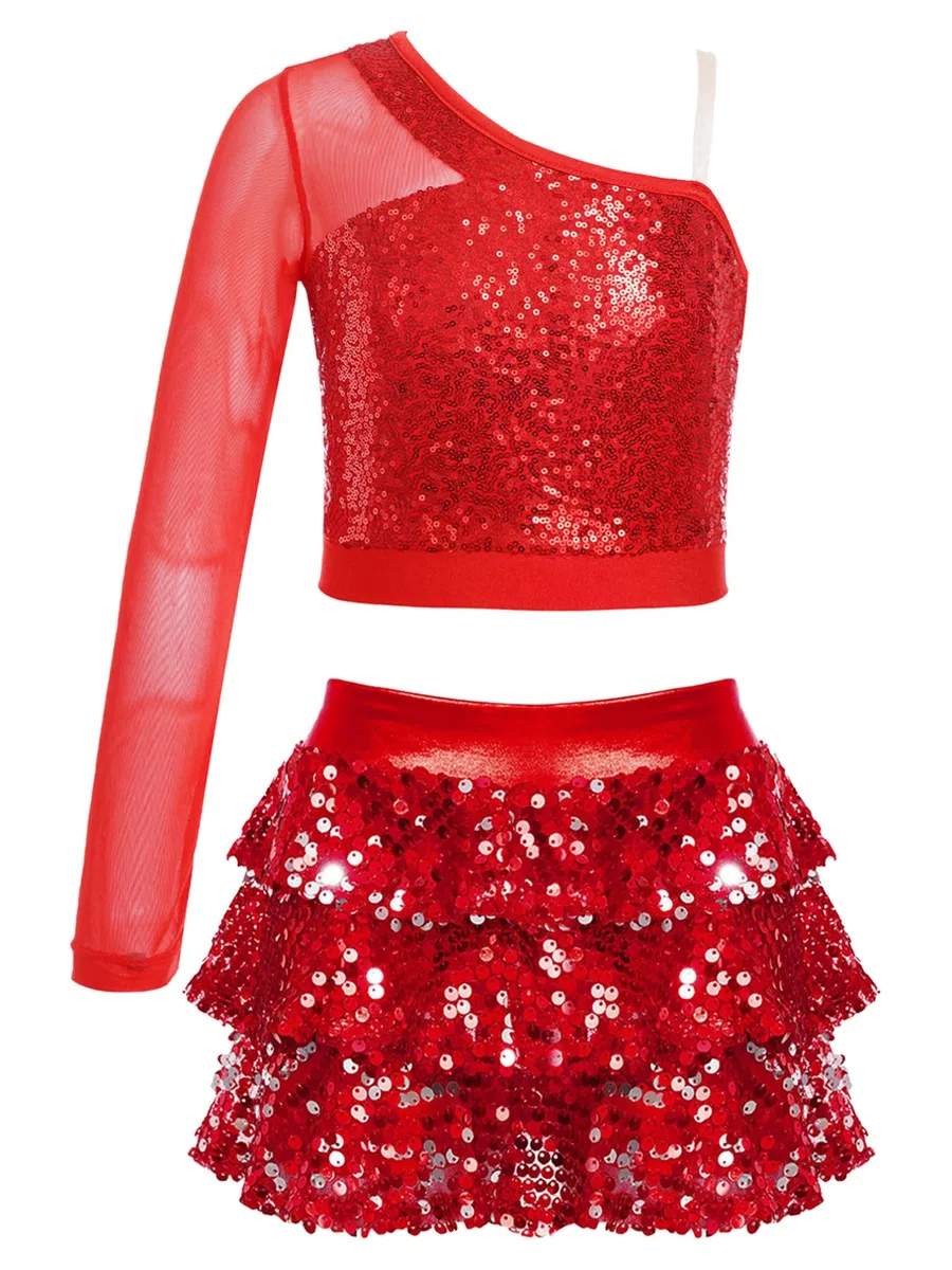 YiZYiF Tute da Jazz Hip Hop Bambina Completi Set 2 Pezzi da Danza Paillettes Maglia Top da Ballo con Gonna Moderna Classica Dancewear