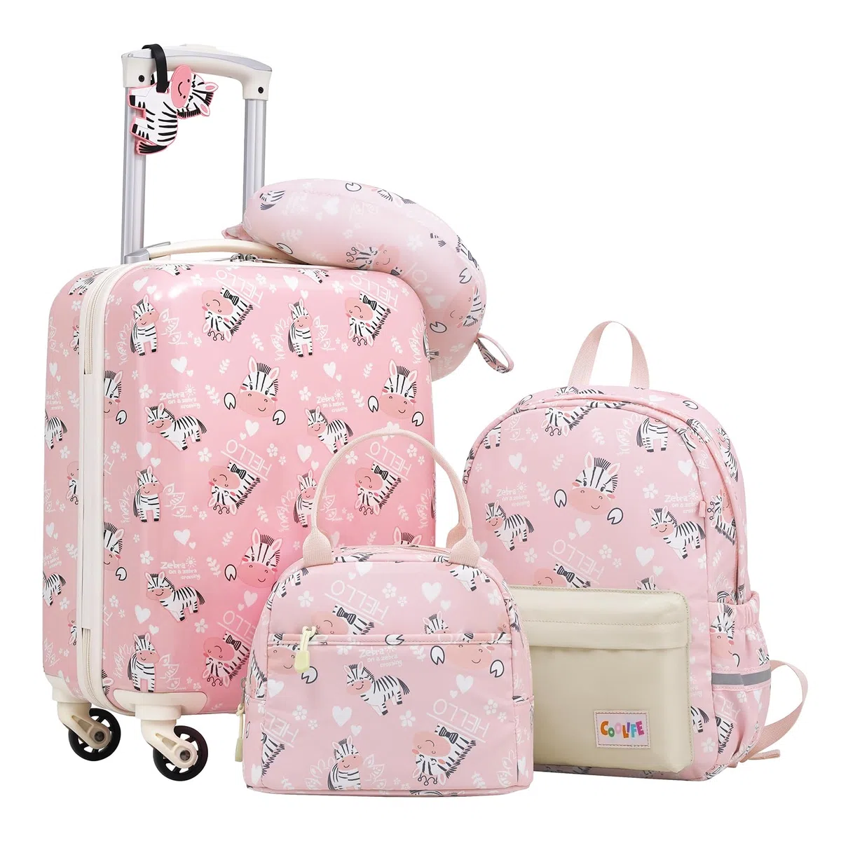 COOLIFE Set di bagagli per bambini, 5 pezzi, 16 pollici, bagaglio a mano, guscio rigido, spinner, bagagli per bambini, bagaglio da viaggio, per ragazze e ragazzi, zebra, Koffer-Set 5-tlg, Set di