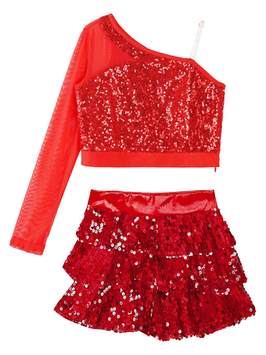 YiZYiF Tute da Jazz Hip Hop Bambina Completi Set 2 Pezzi da Danza Paillettes Maglia Top da Ballo con Gonna Moderna Classica Dancewear