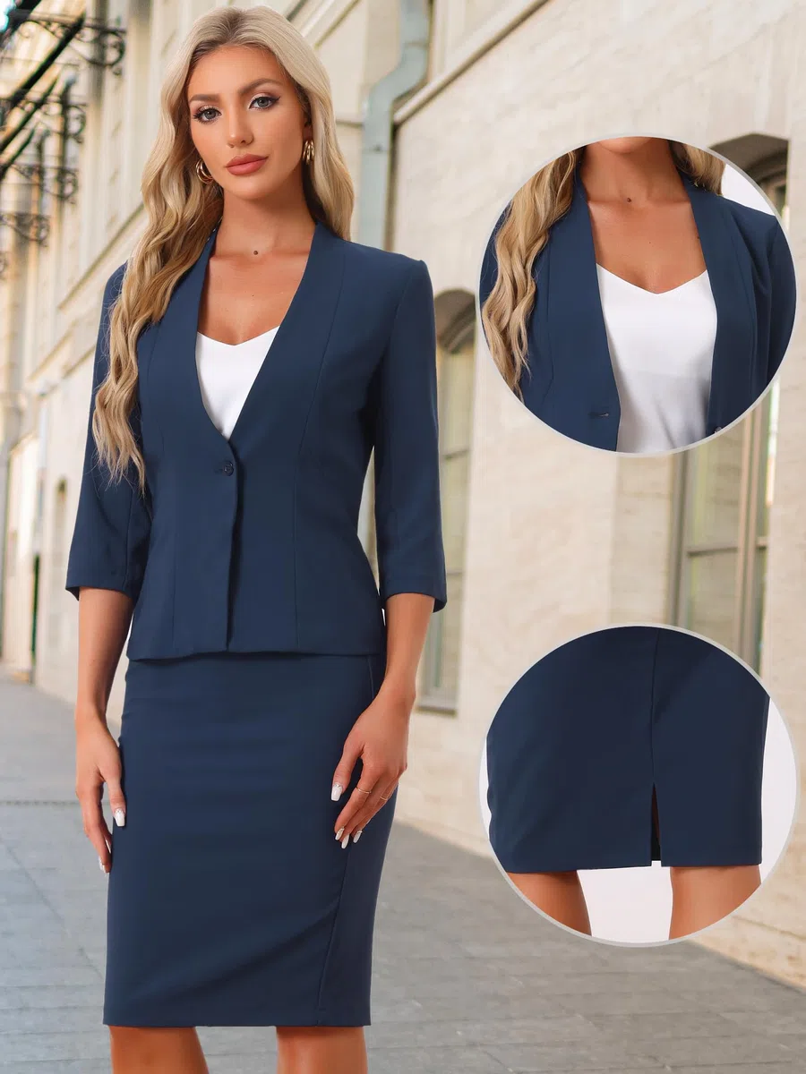 Allegra K Donna Set Gonna da Lavoro per Gonna A Tubino Blazer Senza Colletto in 2 Pezzi da Ufficio Blu Navy L
