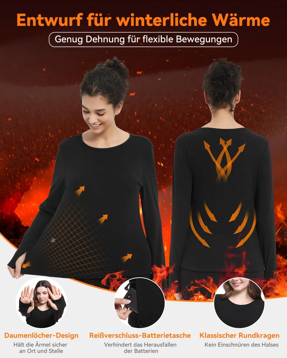 FERNIDA Maglia termica da donna, riscaldata, a maniche lunghe, con batteria da 10000 mAh, con strato termico, per jogging, sci, ciclismo, pesca, moto